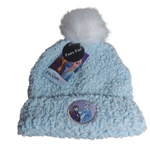 Frozen Light Blue Boucle Cuffed Beanie White Faux Fur Pompom Frozen Patch Girls